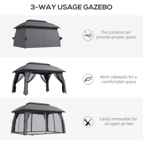 Outsunny 10' x 13' Patio Gazebo, Outdoor Gazebo Canopy Shelter with Netting, Vented Roof, Steel Frame for Garden, Lawn, Backyard, and Deck, Dark Gray