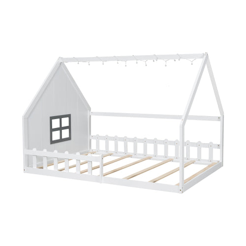 Full Size Wood House Bed with Window and Fence, White