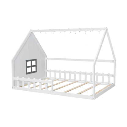 Full Size Wood House Bed with Window and Fence, White
