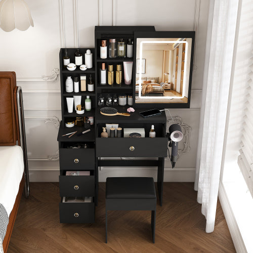 Contemporary Black Vanity Desk with LED Mirror, 4 Drawers & Open Storage, Outlet & Dryer Holder, Includes Dressing Chair