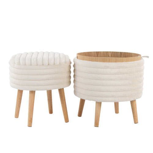 Set of 2 Storage Ottoman Faux Fur Accent Stools with Natural Wood Finish