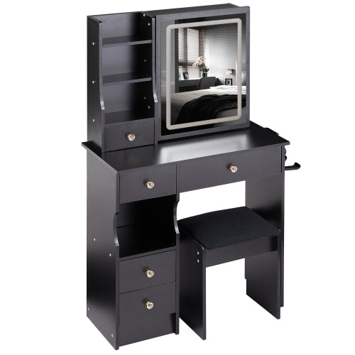 29.2" Small Size Left Drawer Desktop Vanity Table + Cushioned Stool, 2 AC+2 USB Power Station, Hair dryer bracket, Extra Large Touch Control Sliding LED Mirror, Tri-color Switching, Brightness Adjust