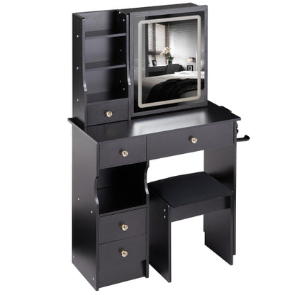 29.2" Small Size Left Drawer Desktop Vanity Table + Cushioned Stool, 2 AC+2 USB Power Station, Hair dryer bracket, Extra Large Touch Control Sliding LED Mirror, Tri-color Switching, Brightness Adjust