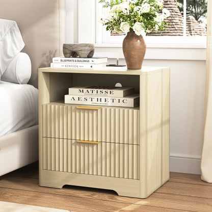 Wood Smart Nightstand, 7-Color Voice Control Night Light & Built-In Charging Station