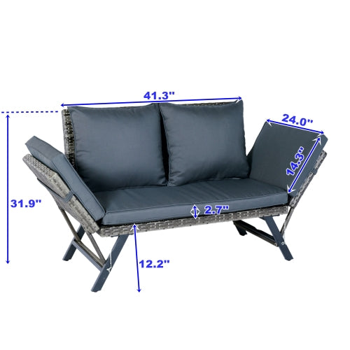 1 PCS Patio Wicker Side Foldable Bench Patio Backyard Conversation Bench Grey Wicker + Dark Grey Cushion