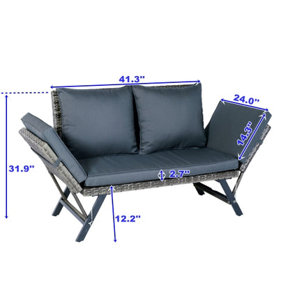 1 PCS Patio Wicker Side Foldable Bench Patio Backyard Conversation Bench Grey Wicker + Dark Grey Cushion