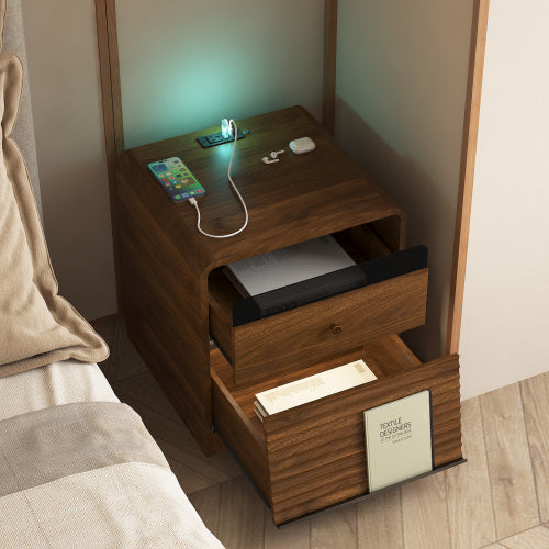 Wood Smart Nightstand, Voice Control Night Light, Touch LED Strip & Charging Station