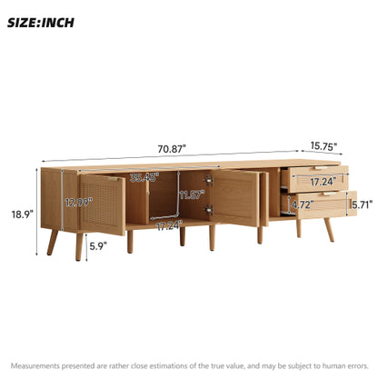 70.87 inch Natural Wood PE Rattan TV Stand 2 Drawer Media Console Fits Up To 80 Inch TV