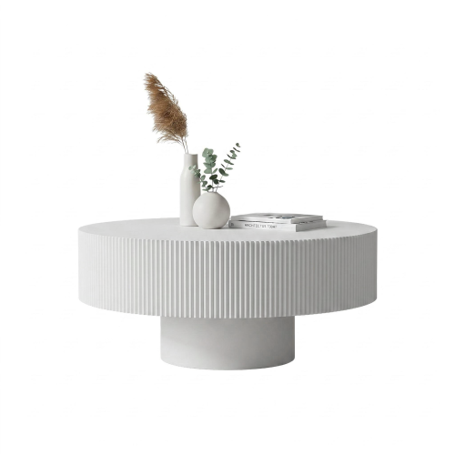White Round Fluted Pedestal Coffee Table, Mid-Century Modern