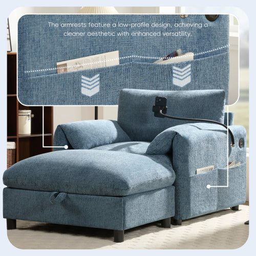 37 inch  Chenille Single Armchair, Storage Ottoman, USB-C Charger & Phone Holder