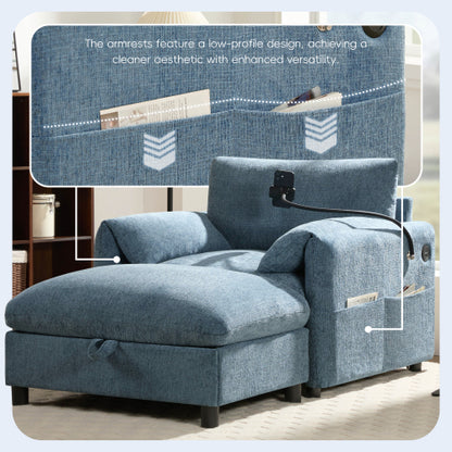 37 inch  Chenille Single Armchair, Storage Ottoman, USB-C Charger & Phone Holder