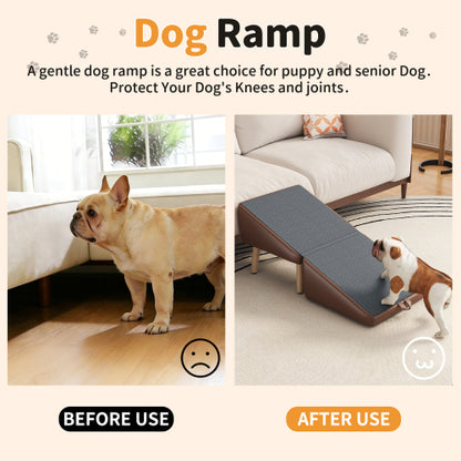Brown Upgraded 2-in-1 Foldable Wooden Pet Ottoman Dog Ramp, Split Design Pet Steps for Small Dogs & Cats