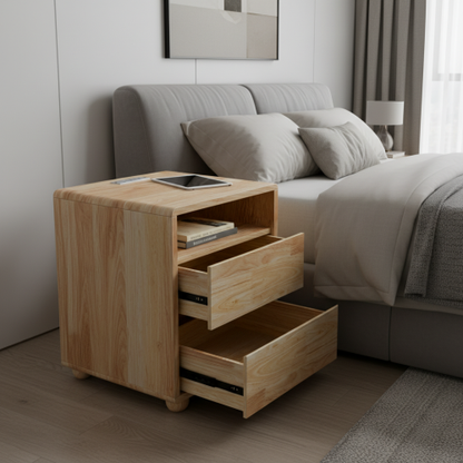 20inch Modern Nightstand with 2 Drawers And Shelves Solid Wood Night Stand with Charger Station Mid Century Bedside Table Curved Wood Side Table for Bedroom Living room