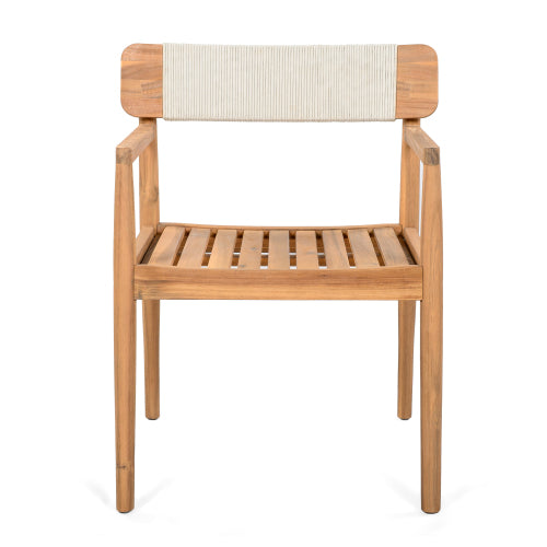 CREATIVE BRAIDED ACACIA WOOD OUTDOOR DINING TABLE AND CHAIRS WITH ARMRESTS, SUITABLE FOR OUTDOOR DINING AND LEISURE PLACES, TEAK LOOK & WHITE ROPE,SET OF 2