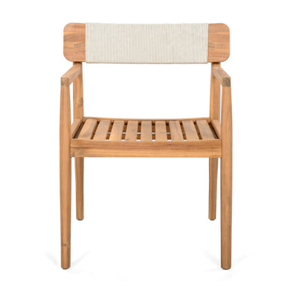 CREATIVE BRAIDED ACACIA WOOD OUTDOOR DINING TABLE AND CHAIRS WITH ARMRESTS, SUITABLE FOR OUTDOOR DINING AND LEISURE PLACES, TEAK LOOK & WHITE ROPE,SET OF 2