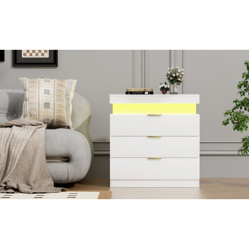 Nightstand with Charging Station and LED Lights,Night Stand with Sliding Top for Bedroom,Bedside Table with Drawers,Modern End Side Table,White.28.8''W x 17''D x 30.5''H.
