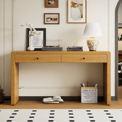 Curved Console Table with Storage, Wooden Entryway Table with 2 Drawers, Farmhouse Rustic Console Tables for Entryway, Hallway, Living Room, Natural
