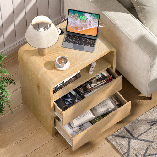 Natural Smooth 2-Drawer Nightstand with Charging Station, Mid-Century USB Side Table