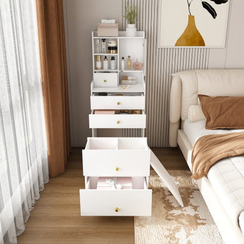 White 3-in-1 Dressing Table with LED Mirror & Storage Stool, 4 Drawers, Storage Cabinet, Open Bookshelf