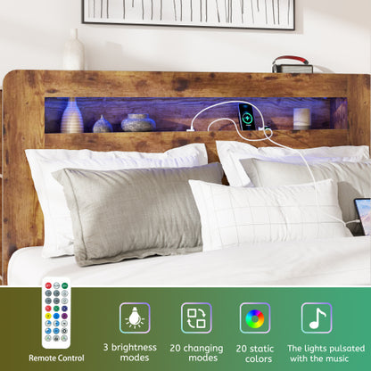 Bed Frame King Size, Wood Platform Bed Frame with Storage LED Light Headboard and 2 USB , Noise Free,No Box Spring Needed and Easy Assembly Tool,Large Under Bed Storage,Dark Brown