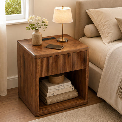 Large Fluted Mid-Century Nightstand, Engineered Wood Bedside Table with Drawer & Open Compartment