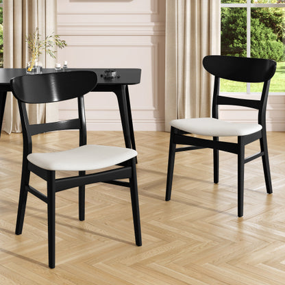 Set of 2 Mid-Century Dining Chairs, Black Rubberwood Splayed Legs with Light Beige Upholstered Cushion