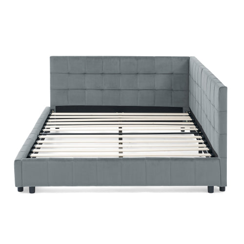 Full Size Upholstered Tufted Bed Frame, Sofa Bed Frame with Comfortable Backrest and Armrests, Full Size Bed for Bedroom, Living Room,Velvet, Grey(80.5inch *59inch *30.5inch )