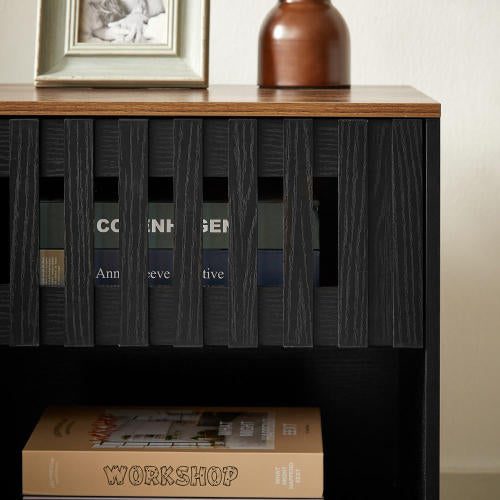 2 Pack Black Nightstands, Mid-Century Cabinet with Grille Striped Doors & Metal Legs