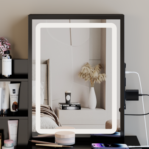 29.2" Small Size Left Bedside Cabinet Vanity Table + Cushioned Stool, 2 AC+2 USB Power Station, Hair dryer bracket, Extra Large Touch Control Sliding LED Mirror, Tri-color Switching, Brightness Adjust