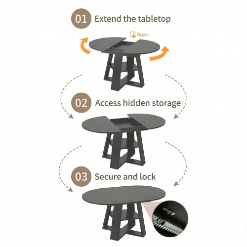 Extendable Round Dining Table for 4-8, Modern Oval Kitchen Table with Storage Shelf, Black
