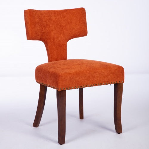 Set of 2 Orange Linen Mid-Century Farmhouse Dining Chairs, Copper Nail Curved Back Walnut Solid Wood Legs 300lbs Capacity
