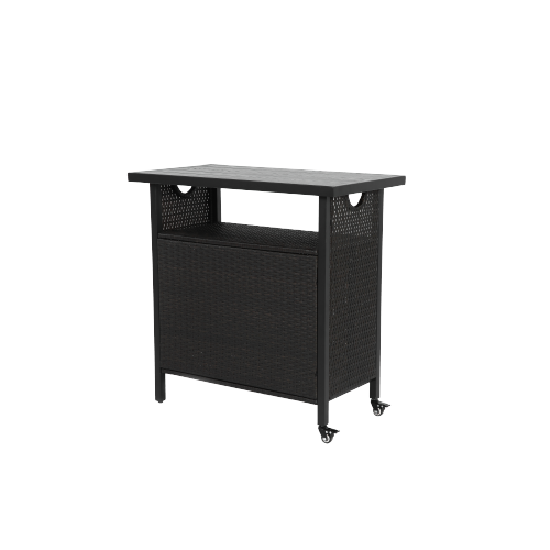 Outdoor Wicker Bar Cart, Patio Wine Serving Cart w/Wheels , Rolling Rattan Beverage Bar Counter Table w/Glass Top for Porch Backyard Garden Poolside Party, Black