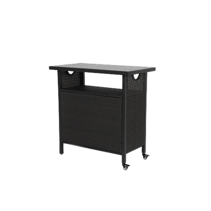Outdoor Wicker Bar Cart, Patio Wine Serving Cart w/Wheels , Rolling Rattan Beverage Bar Counter Table w/Glass Top for Porch Backyard Garden Poolside Party, Black