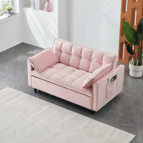 Modern 3-In-1 Convertible Velvet Pull-Out Sofa-Bed Loveseat with Pillow & Side Pockets for Living-Room Guest-Room