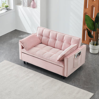 Modern 3-In-1 Convertible Velvet Pull-Out Sofa-Bed Loveseat with Pillow & Side Pockets for Living-Room Guest-Room