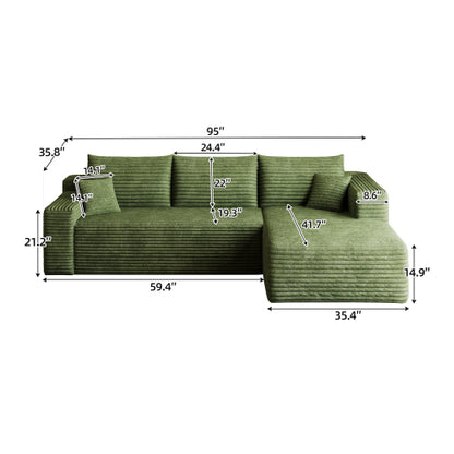 95-Inch Green Plush Corduroy U-Shaped Cloud Modular Sectional Deep-Seat Corner Sofa No-Assembly for Living-Room