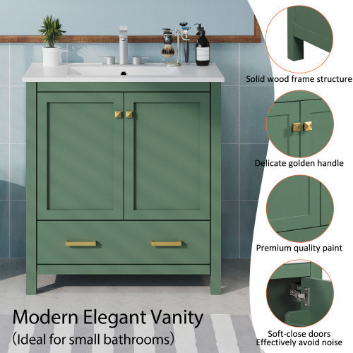 30 Inch Green Bathroom Vanity with Single Sink, Combination Under Counter Sink, Bathroom Storage Cabinet with 2 Doors and a Drawer, Soft Closure, Multifunctional Storage(WF324043)