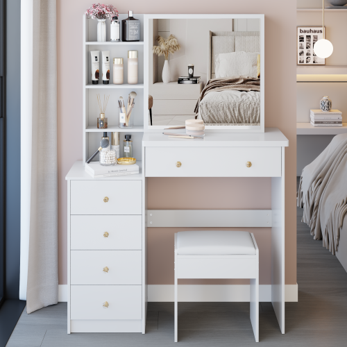 37inch  Middle Size Left Bedside Cabinet Vanity Table + Cushioned Stool, Extra Large Right sliding mirror, Multi Layer High Capacity Storage, Practical Fashionable Dresser, Suitable For Large Space