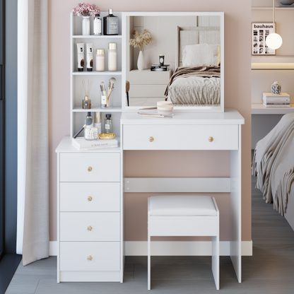 37inch  Middle Size Left Bedside Cabinet Vanity Table + Cushioned Stool, Extra Large Right sliding mirror, Multi Layer High Capacity Storage, Practical Fashionable Dresser, Suitable For Large Space