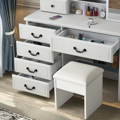 White Makeup Vanity Table with Mirror & Lights, 3 Color LED, 6 Drawers, Tabletop Shelf, Side Shelves & Sliding Glass Door
