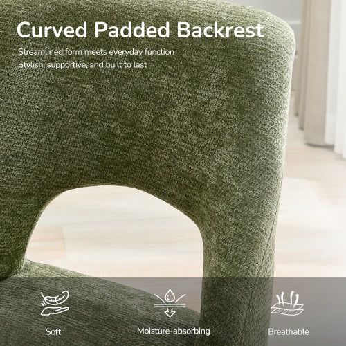 Set of 2 Green Tufted Chenille Dining Chairs, Curved Rubberwood Legs 300lbs Capacity Space Saving Design