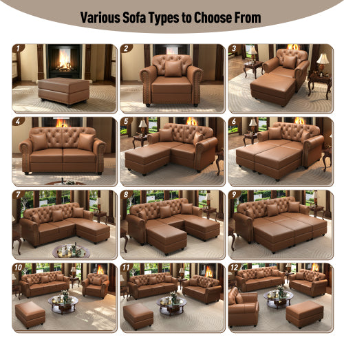 63 inch  Brown Mid-Century Faux-Leather Sofa,Nailhead Trim,Button Tufting,2 Pillows