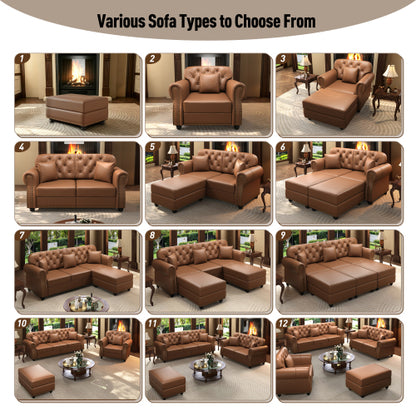 63 inch  Brown Mid-Century Faux-Leather Sofa,Nailhead Trim,Button Tufting,2 Pillows