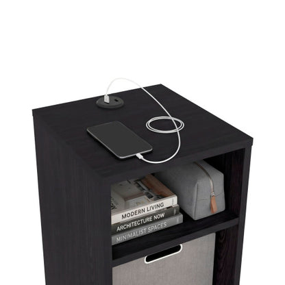 Compact Side Table with Charging Station & 2 Open Shelves