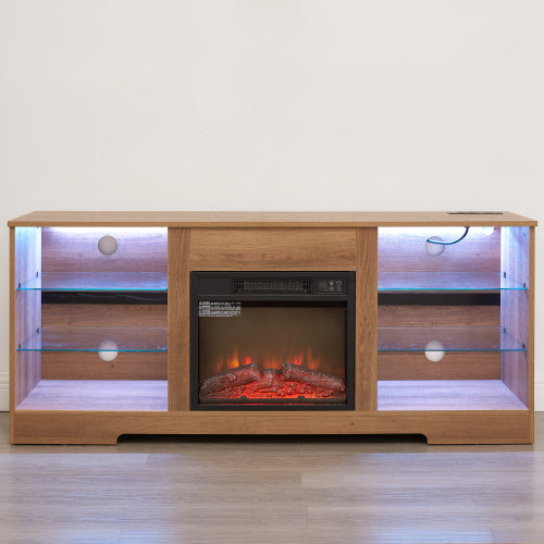 58 Inch Oak Electric Fireplace TV Stand Bluetooth RGB LED Light Media Console with Built-In Power Outlet for 65 Inch TV