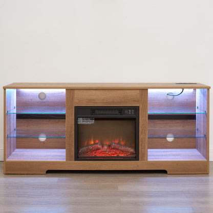 58 Inch Oak Electric Fireplace TV Stand Bluetooth RGB LED Light Media Console with Built-In Power Outlet for 65 Inch TV