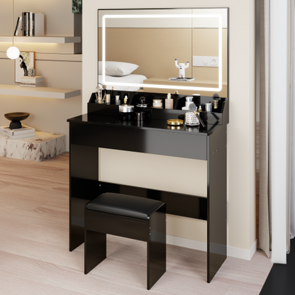 31" x 20" Extra Large LED Mirror Makeup Vanity Table + Soft Cushion Stool Suit, Touch Switch, 3 colors, Adjustable Brightness, Large Capacity Storage, Compact Dressing Table Suitable For Small Space