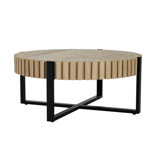 31.5inch  Round Drum Coffee Table MDF Wood Grain Industrial Metal Base