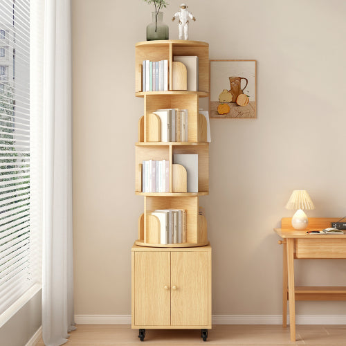 5-Tier Rotating Corner Bookshelf with Double Door Drawer, 360¡ã Revolving Wooden Home Storage Rack