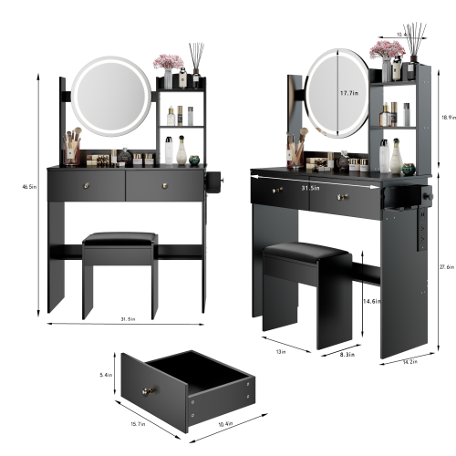 17inch  Round LED Mirror Vanity Table+Cushioned Stool, Equipped With 2 AC+2 USB Power Socket, Big Mirror, Touch Switch, 3 Colors, Adjustable Brightness, Large Desktop, Multi-layer High Capacity Storage